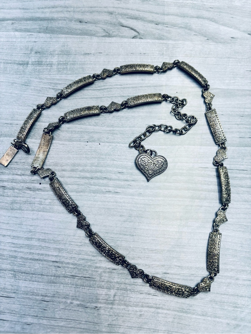 Nine West Vintage Silver-Tone Engraved Link Belt with Heart Charm